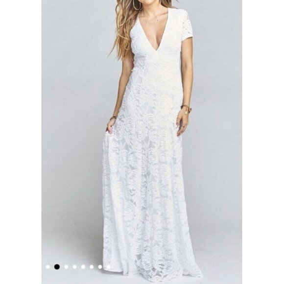 Show Me Your Mumu Wedding Dress NWTS White Maxi Lace Plunge Open Back N